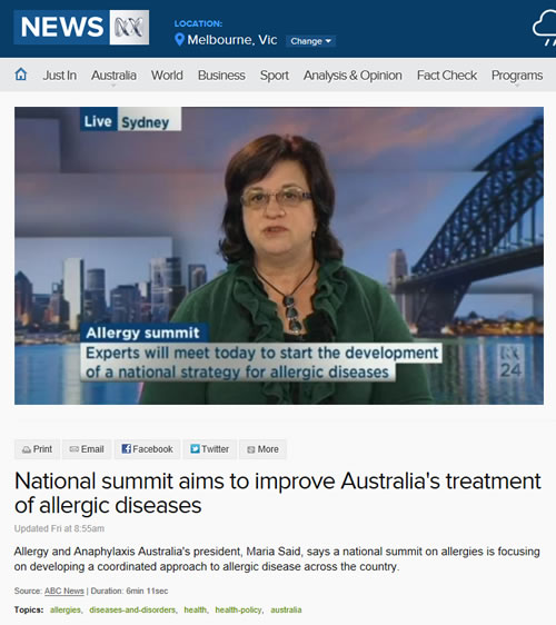Allergy and Anaphylaxis Australia's president, Maria Said interviewed on ABC NEWS discussing National Allergy Summit convened by ASCIA